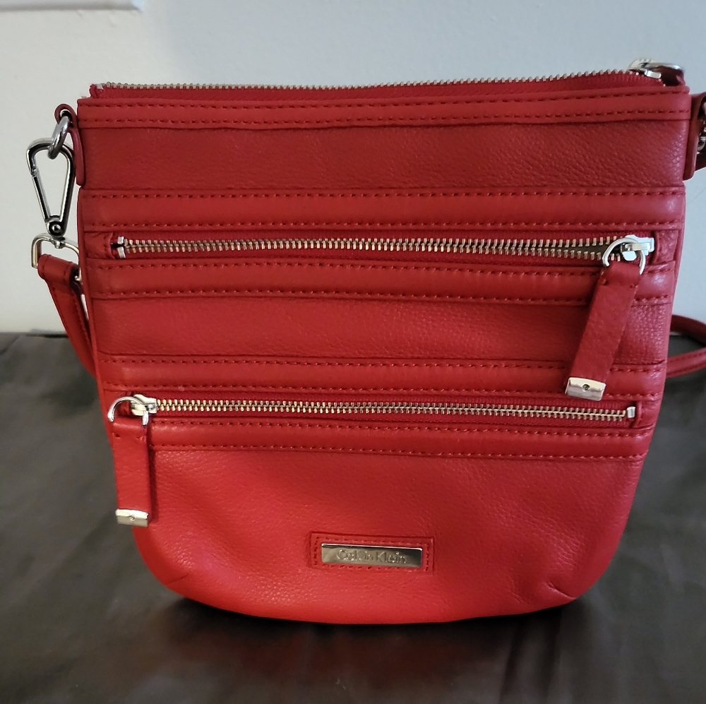 Calvin Klein Double Zip Front Crossbody Lipstick Red Leather